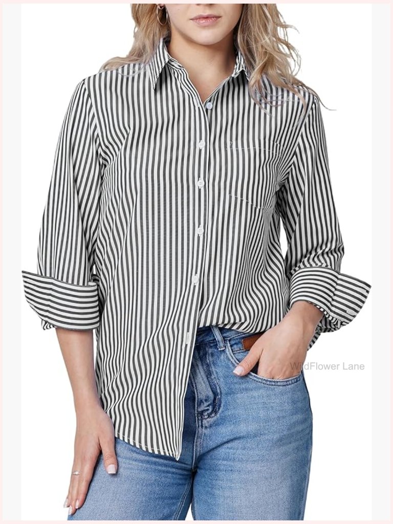 Striped Long Sleeve Button Down Shirt For Women Office Business Top With Pocket